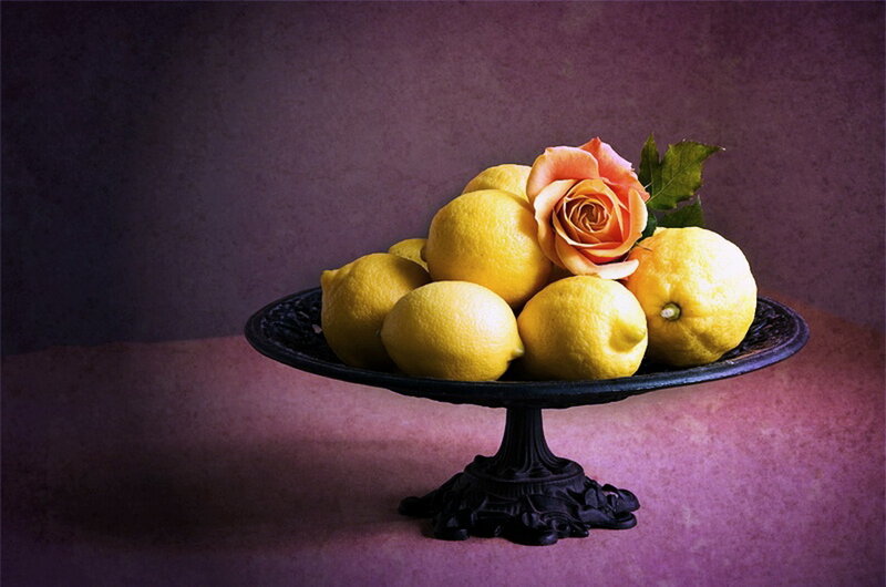 Lemons and Rose on Stand