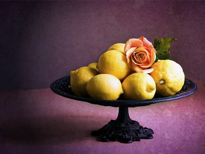Lemons and Rose on Stand — Yellow