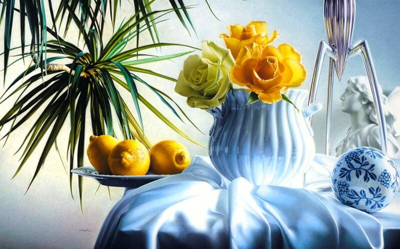 Lemons and Roses in Vase