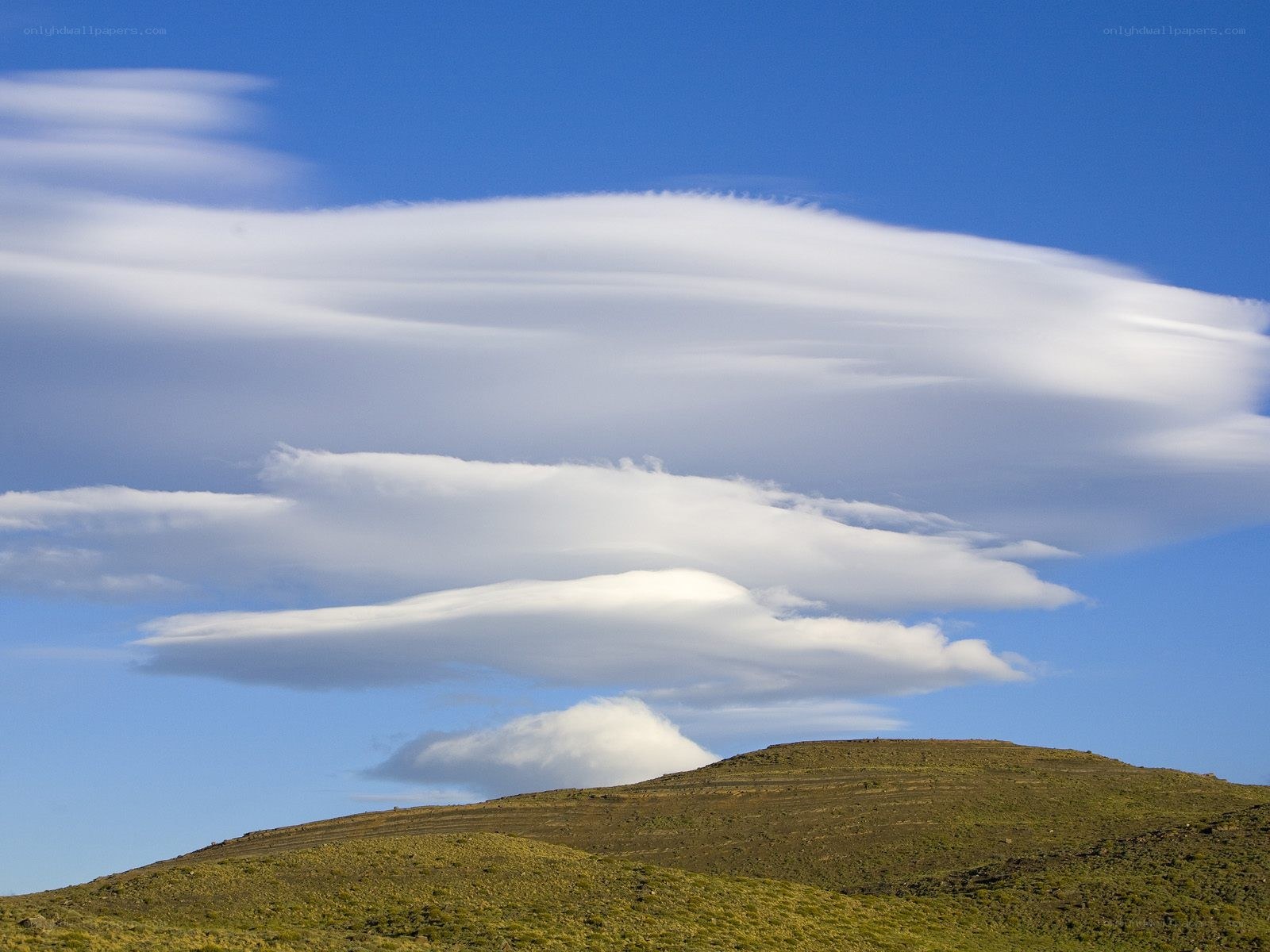 Lenticular clouds over a hill
