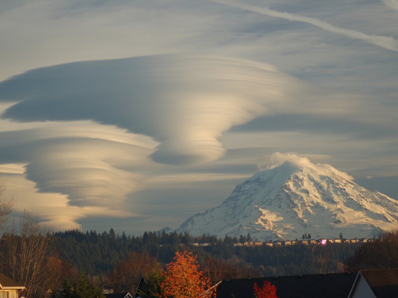 Lenticular clouds over Mount Rainier