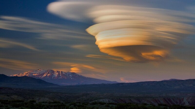 Lenticular Clouds over Mountain — Blue, Dramatic, Sunset, Photograph