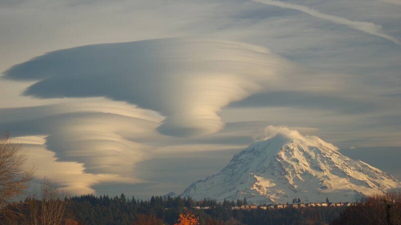Lenticular Clouds over Mountain — White, Dramatic, Sunset