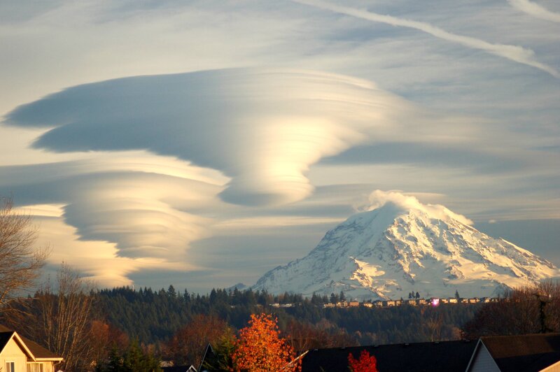 Lenticular Clouds over Mountain — White, Dramatic