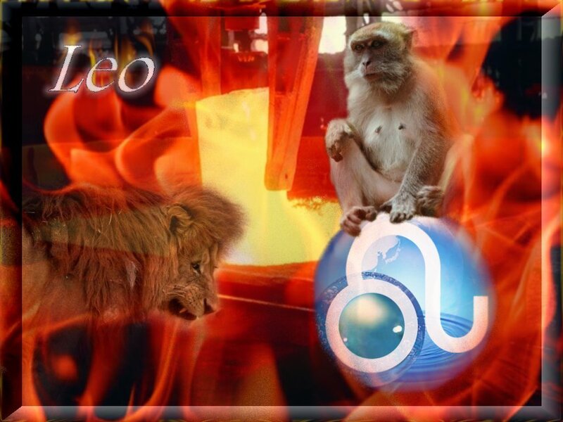 Leo zodiac sign with lion and monkey