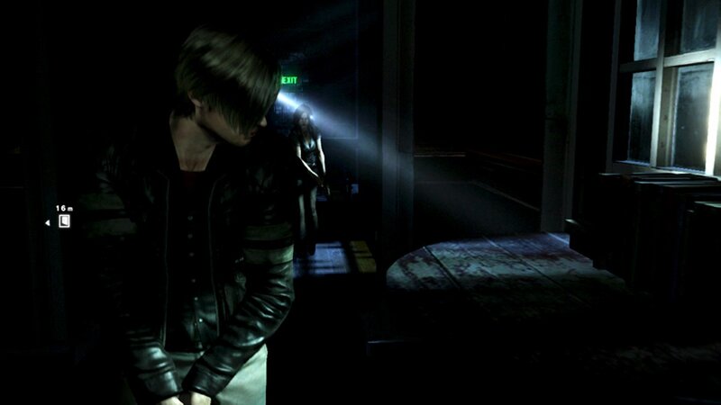 Leon and Ada in a dark hallway