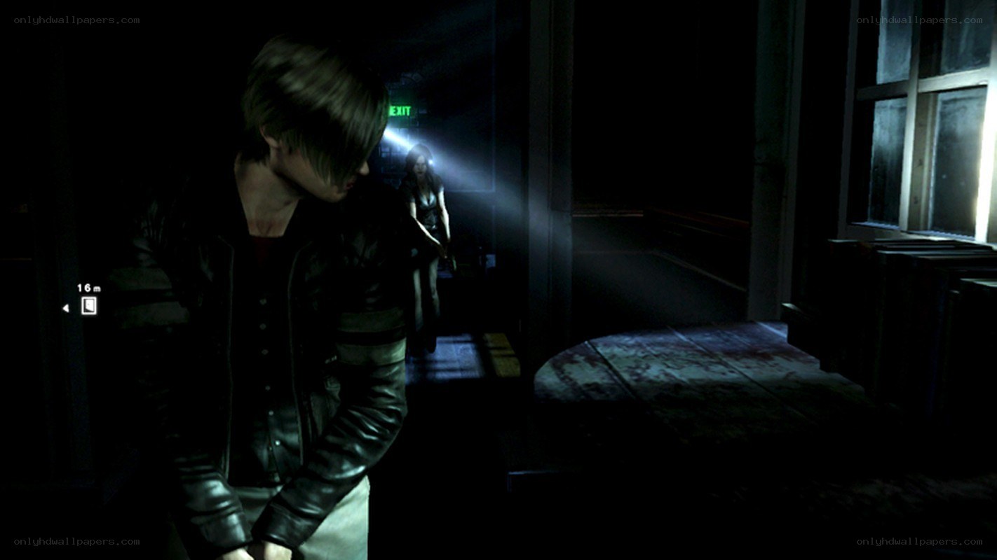 Leon and Ada in a dark hallway