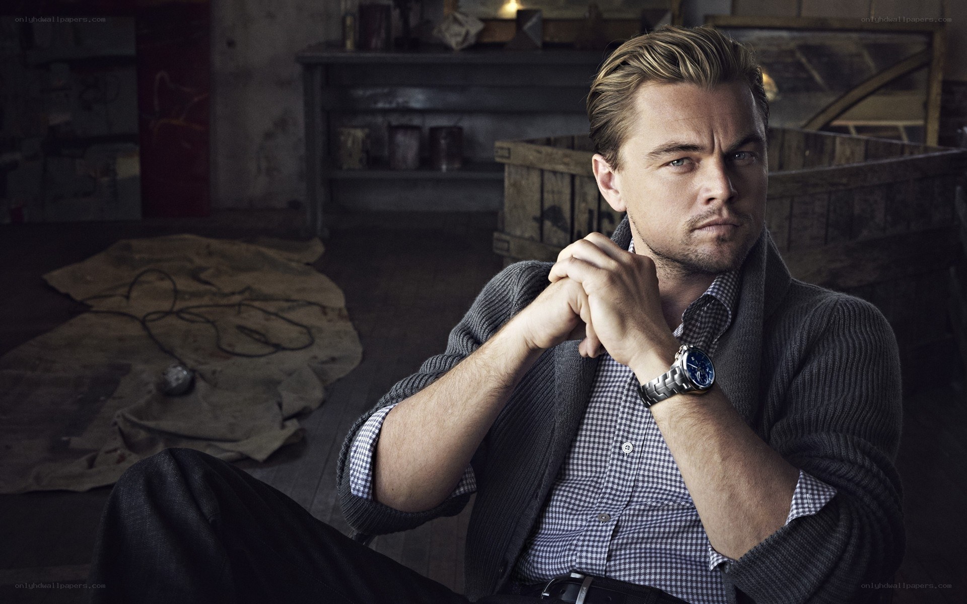 Leonardo DiCaprio in a warehouse