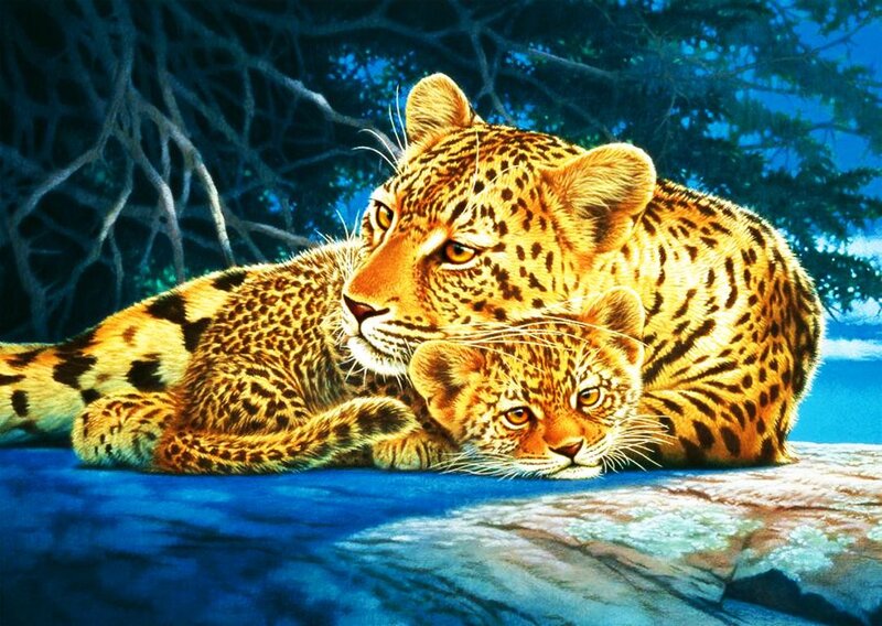 Leopard and Cub — Blue