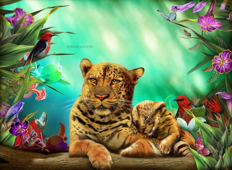 Leopard and Cub — Green, Serene