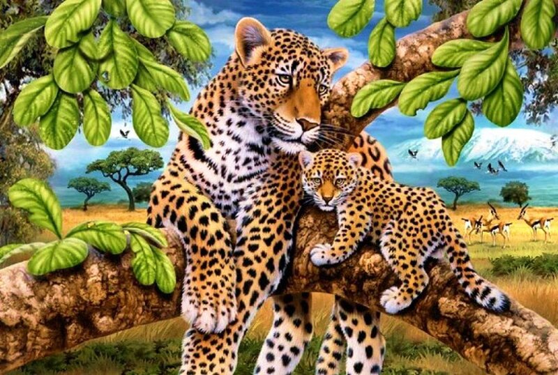 Leopard and Cub on Branch — Green