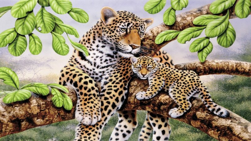 Leopard and Cub on Branch