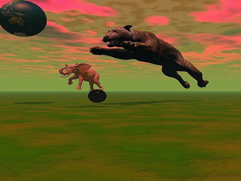 Leopard chasing elephant in surreal landscape