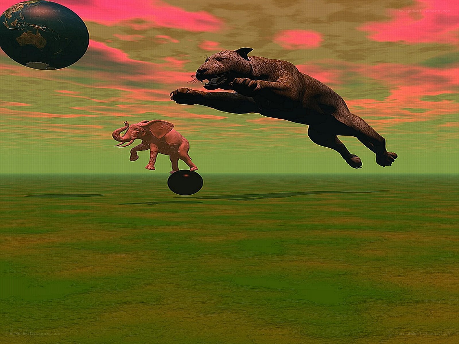 Leopard chasing elephant in surreal landscape