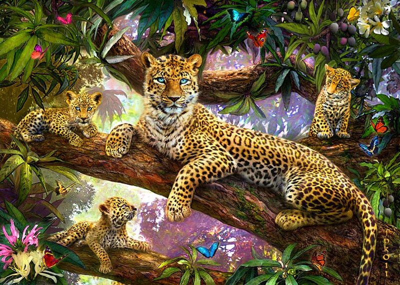 Leopard Family in Tree — Green
