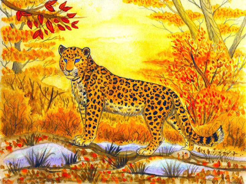 Leopard in Autumn Forest — Yellow