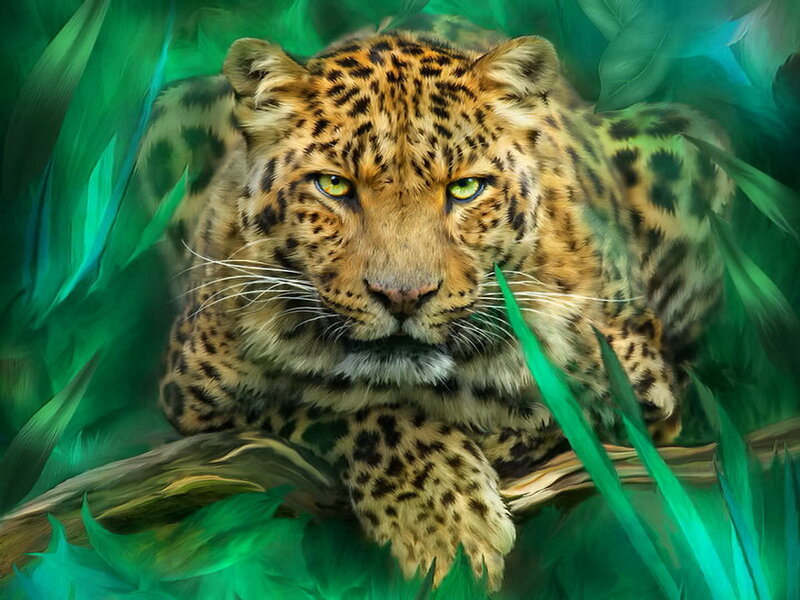Leopard in Foliage — Green, Intense, Digital Art