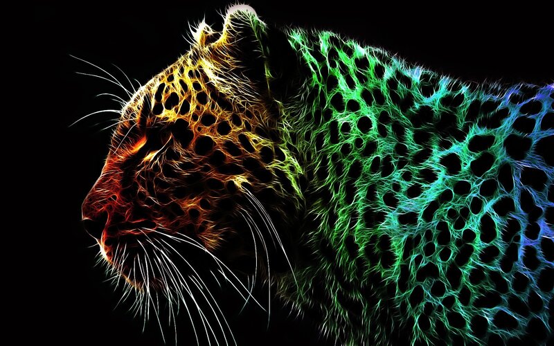 Leopard in Neon Colors — Green, Dramatic, Digital Art, Neon Lights