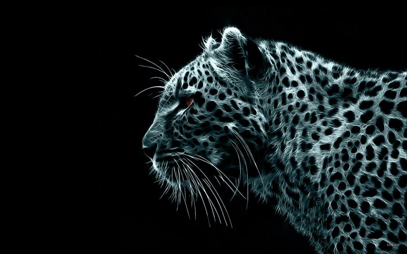 Leopard in Neon Style — Black, Dramatic, Digital Art, Black Background, Neon Glow