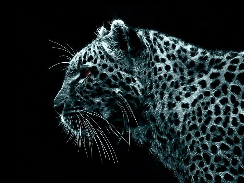 Leopard in Neon Style — White, Dramatic, Digital Art, Black Background, Neon Effect