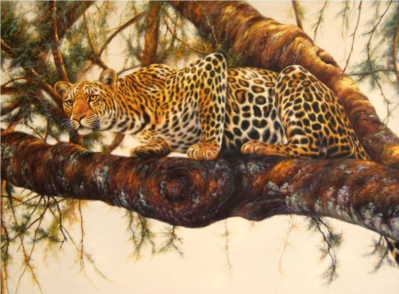 Leopard in Tree — Brown, Calm, Painting