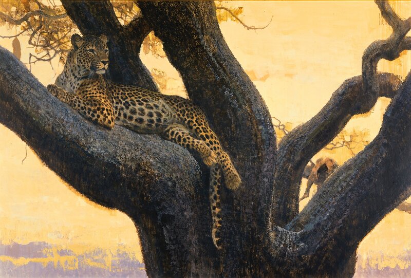 Leopard in Tree — Yellow, Calm, Sunset, Painting
