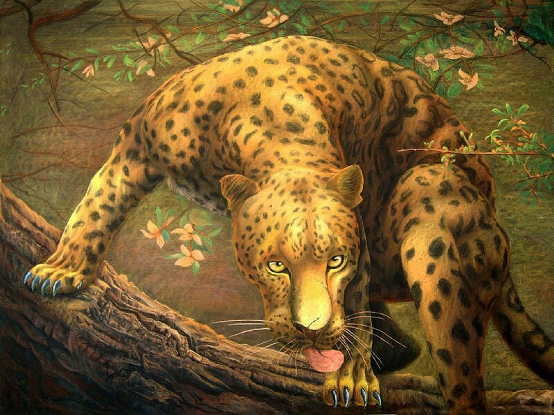 Leopard on Tree Branch — Brown, Alert, Painting