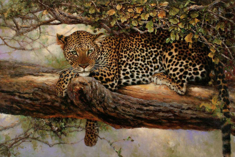 Leopard on Tree Branch — Brown, Calm, Afternoon, Painting