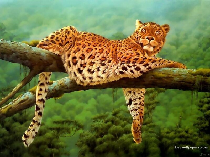 Leopard on Tree Branch — Green, Calm, Digital Art, Tree Branch, Forest