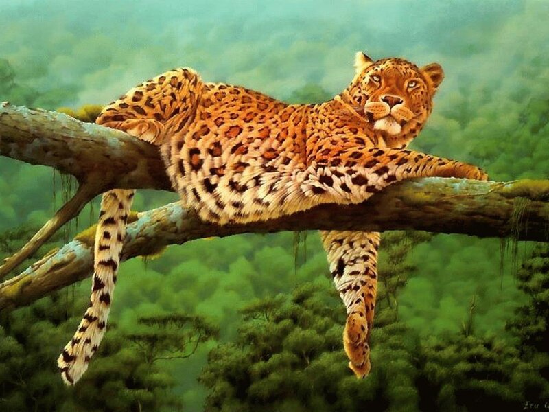 Leopard on Tree Branch — Green, Calm, Painting