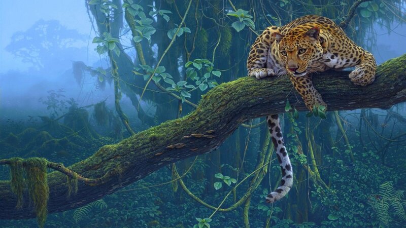 Leopard on Tree Branch — Green, Misty, Digital Art