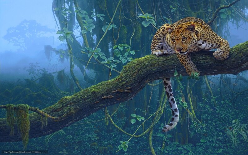 Leopard on Tree Branch — Green, Misty, Digital Art, Tree Branch, Moss