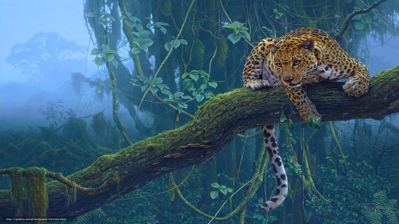 Leopard on Tree Branch — Green, Mysterious, Morning, Digital Art
