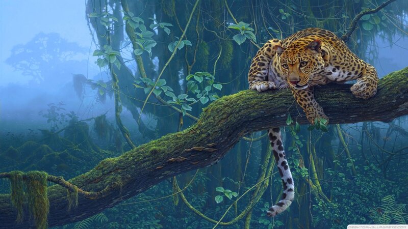 Leopard on Tree Branch — Green, Mysterious, Morning