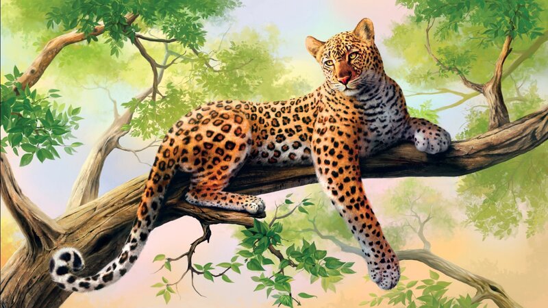 Leopard on Tree Branch — Green, Serene, Afternoon, Illustration, Leaves