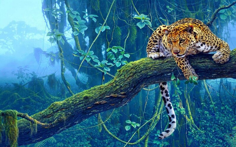 Leopard on Tree Branch — Green, Serene, Digital Art