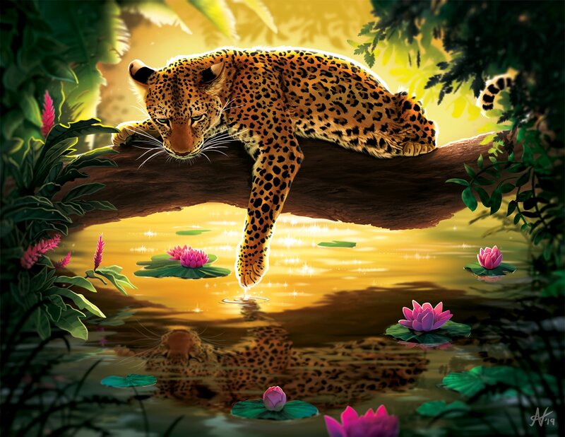 Leopard on Tree Branch — Yellow, Serene