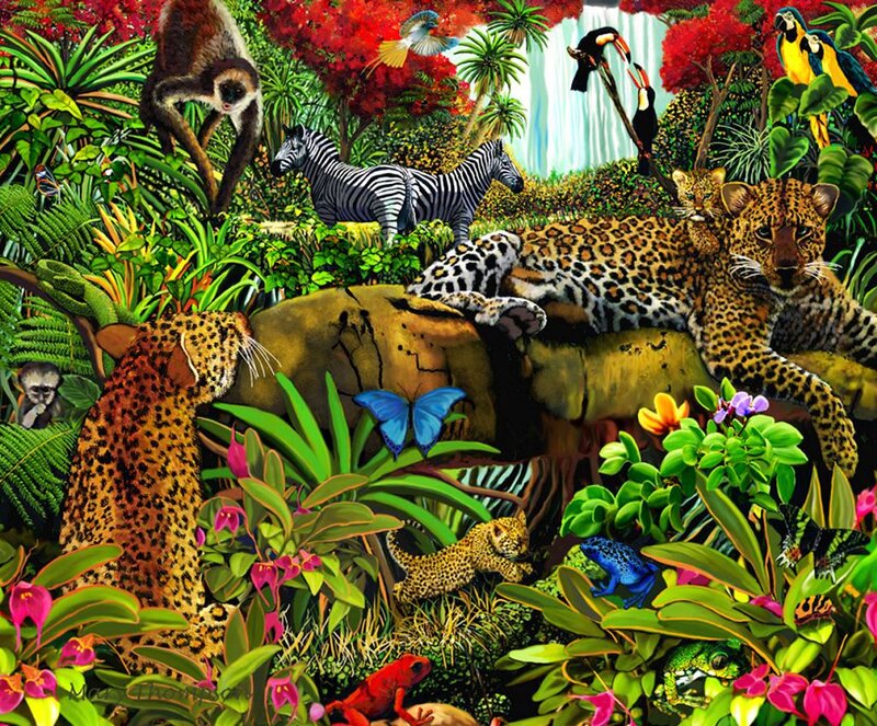 Leopards in Jungle — Green, Vibrant, Illustration