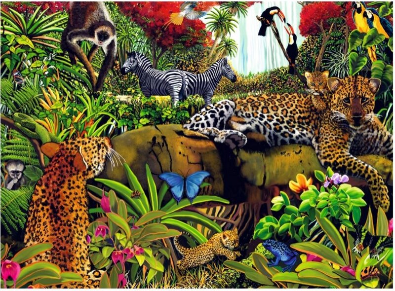 Leopards in Jungle — Green, Vibrant, Illustration, Zebras