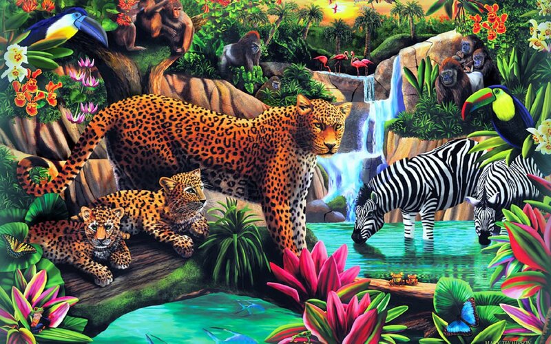 Leopards in Jungle — Green, Vibrant, Sunset, Illustration