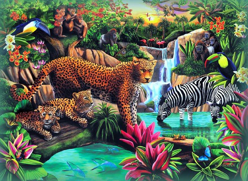Leopards in Jungle — Green, Vibrant, Sunset