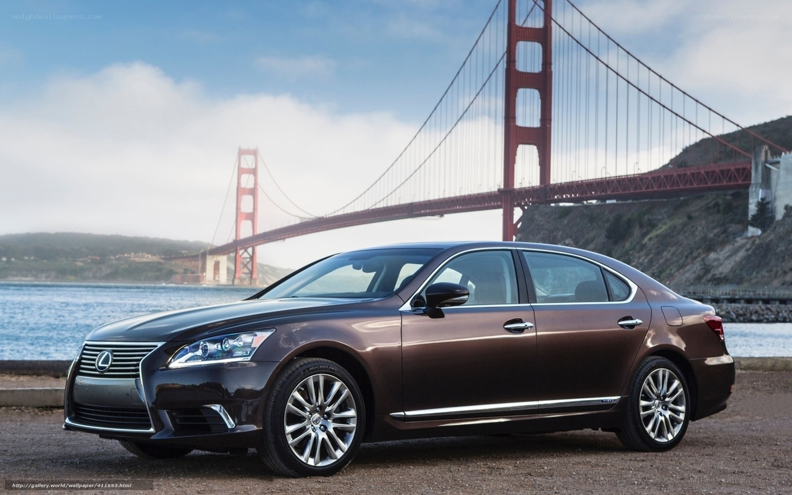 Lexus LS sedan by Golden Gate Bridge