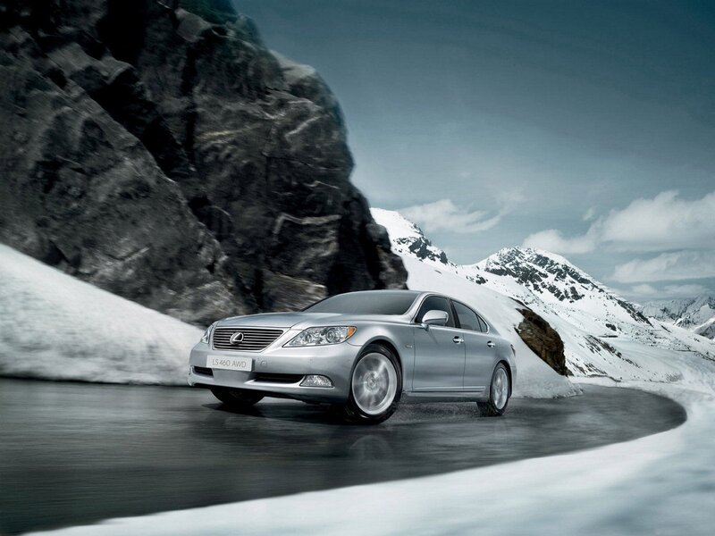 Lexus LS460 on snowy mountain road