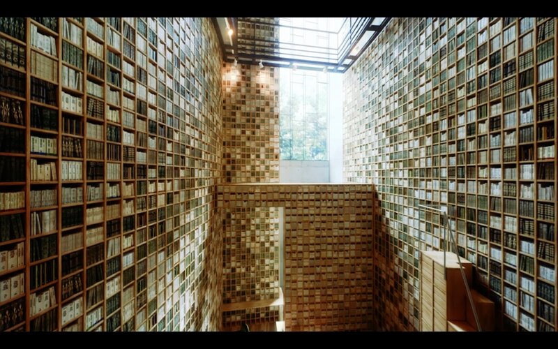 Library with bookshelf walls