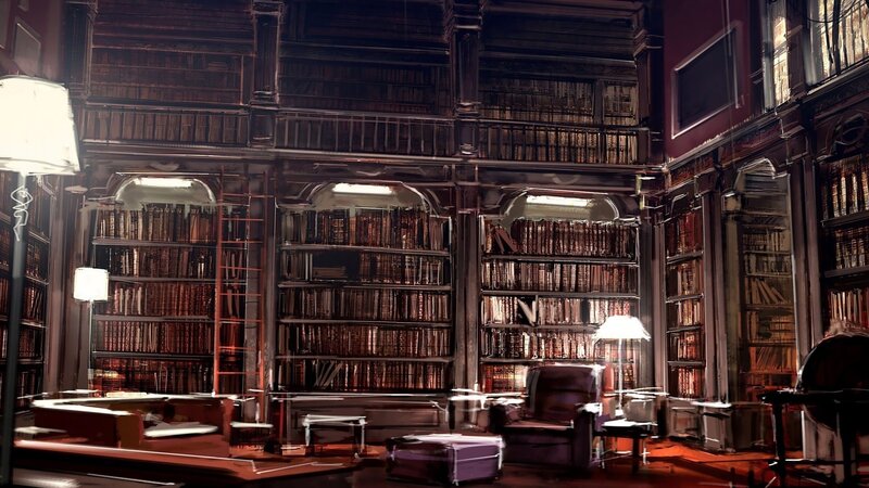 Library with Bookshelves — Brown, Dramatic, Night, Digital Art, Armchairs, Lamps, Ladder