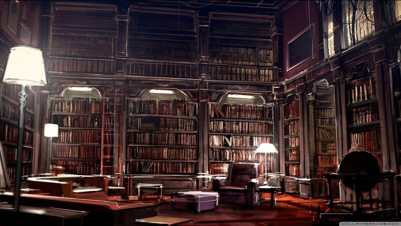 Library with Bookshelves — Brown, Dramatic, Night, Digital Art, Armchairs