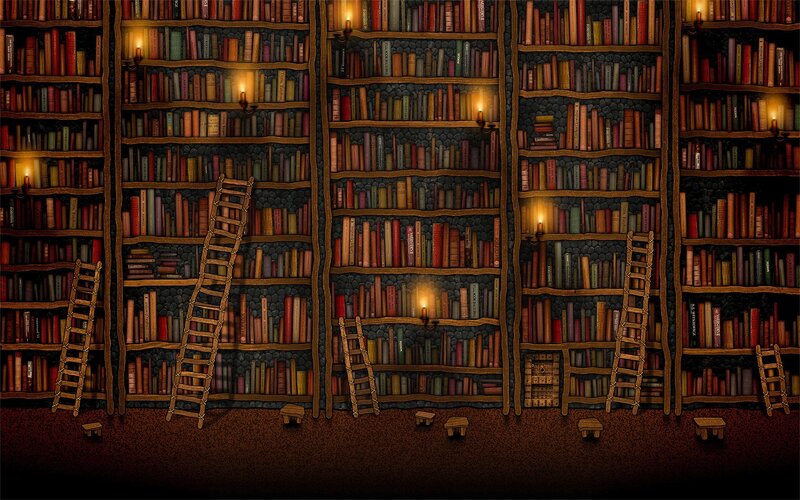 Library with Bookshelves — Brown, Dramatic, Night, Digital Art, Ladders
