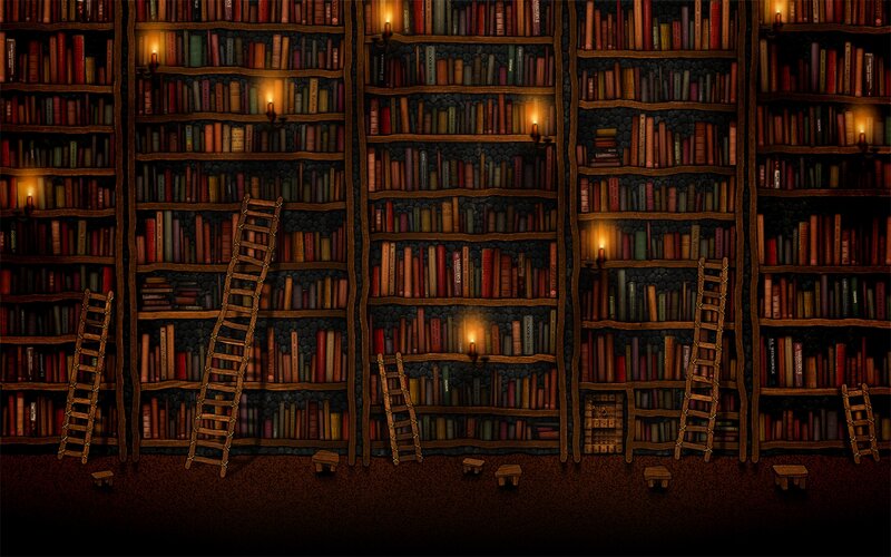 Library with Bookshelves — Brown, Dramatic, Night, Digital Art