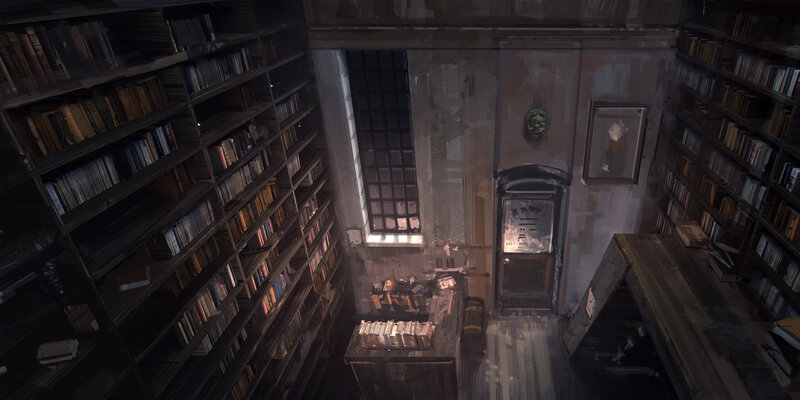 Library with Bookshelves — Brown, Dramatic, Night, Digital Art, Window