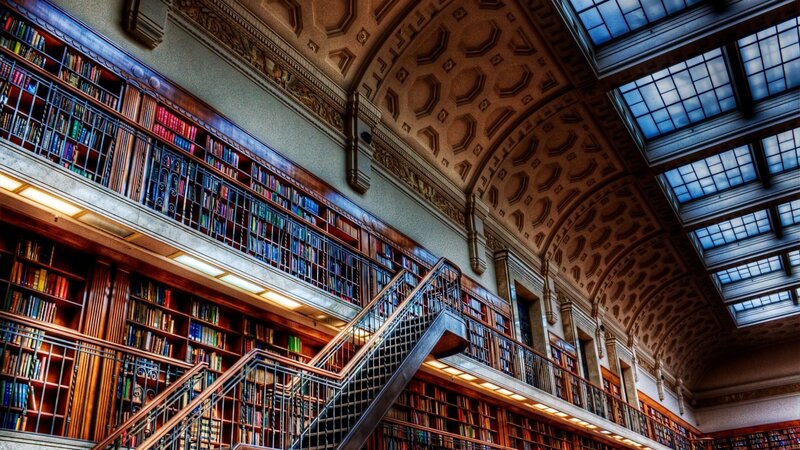 Library with Bookshelves — Brown, Dramatic, Photograph, Staircase